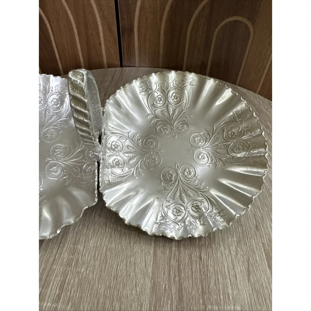 Hammered Aluminum Double Basket w Handle and Fluted Edge Reticulated Florals